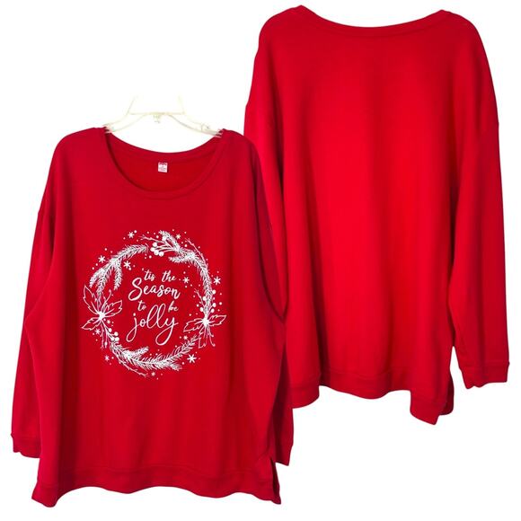 Holiday Time Christmas Sweatshirt Tis The Season To Be Jolly Red Women 2X Slits - Picture 1 of 11